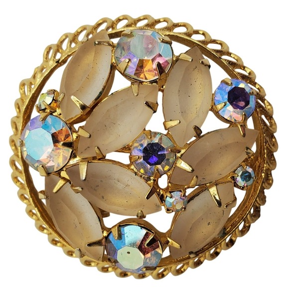 Delizza & Elster Jewelry - Satin Navette & AB Rhinestone Brooch Tan Gold Tone Filigree Pin Round Openwork